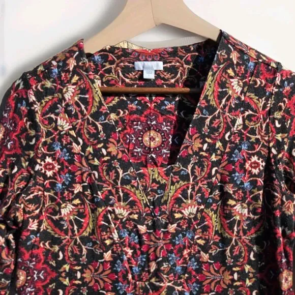 J Jill Red Black Floral Dress Women Small Long Sleeve Knee Length Soft Knit - Picture 3 of 8